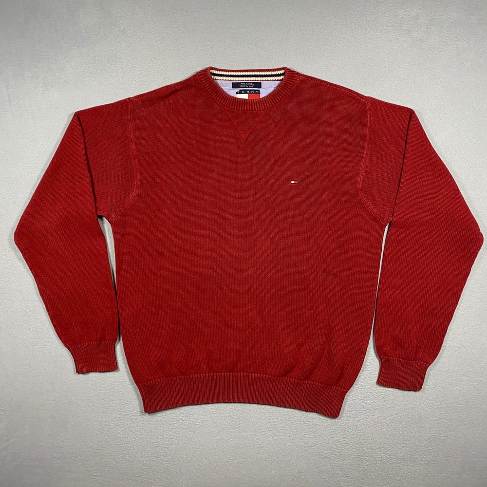 Vintage Tommy Hilfiger Sweater Mens XL Red Cotton Knit Crewneck Long Sleeve Logo